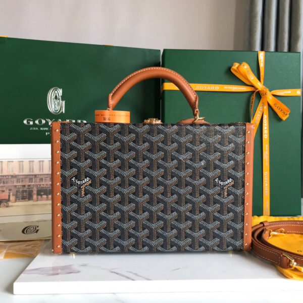 GRAND HTEL TRUNK BAG 24 IN BLACK GOYARDINE CANVAS AND TAN CALFSKIN