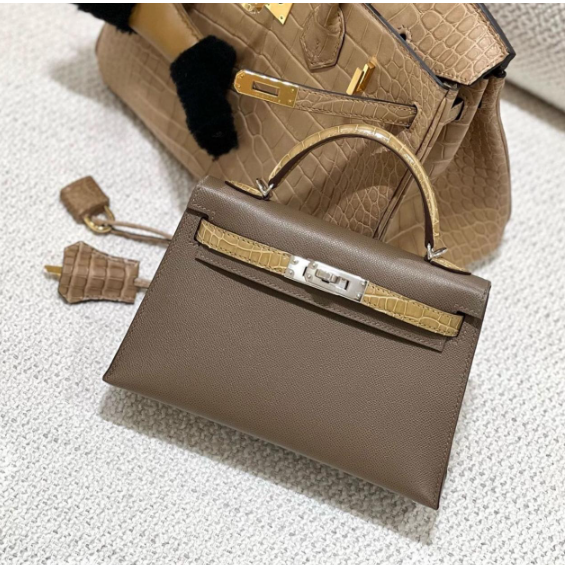 HM KELLY 25 ETOUPE EPSOM CALFSKIN MIX CROCODILE SKIN SILVER HARDWARE