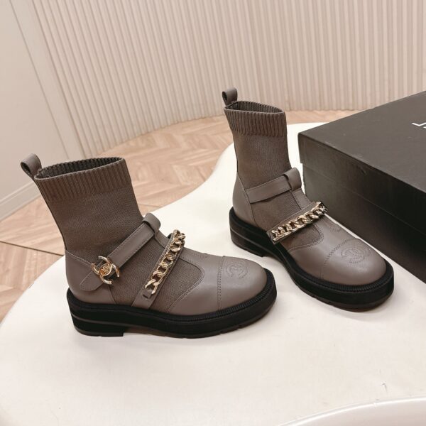 CHANEL ANKLE BOOTS 25S IN SMOKY GRAY LAMBSKIN AND FABRIC WITH GOLD HARDWARE