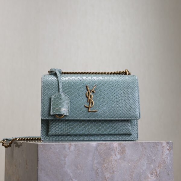 YSL 25S SUNSET MEDIUM 22 IN LIGHT BLUE CROCODILE-EMBOSSED CALFSKIN GOLD HARDWRE