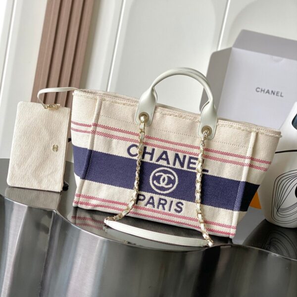 CHANEL 25S SHOPPING BAG 35 IN CREAM WHITE AND NAVY BLUE CANVAS