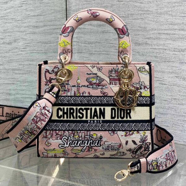 DIOR 25S SMALL LADY D-LITE BAG 24 IN PINK CANVAS DIOR BUTTERFLY