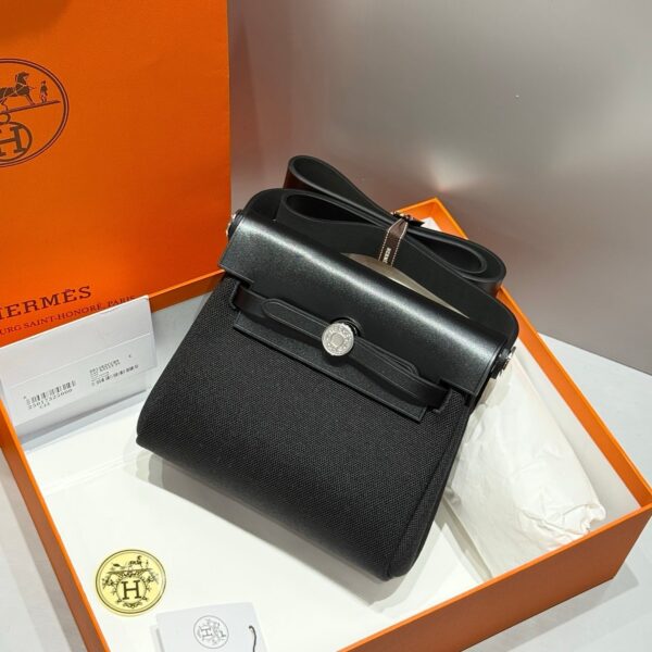 HERMES 25S MINI HERBAG 20 IN FULL BLACK CANVAS SILVER HARDWARE