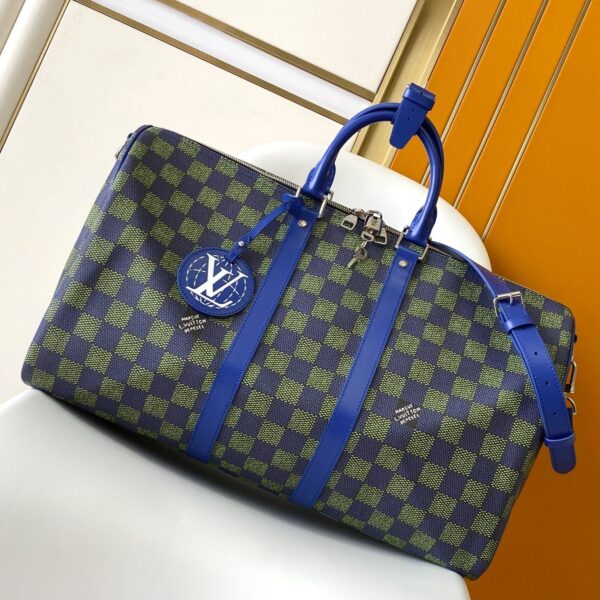 KEEPALL BANDOULIRE 50 IN BLUE GREEN DAMIER HERITAGE COATED CANVAS