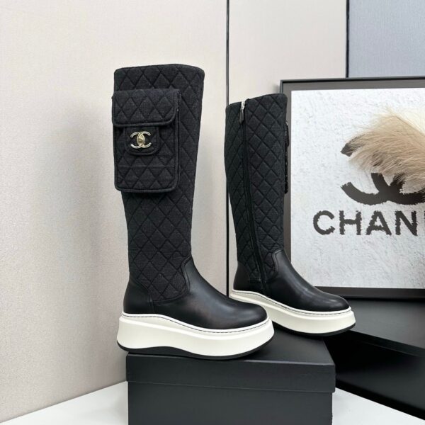 CHANEL 25S WEDGE KNEE-HIGH BOOTS IN BLACK CALFSKIN AND DENIM