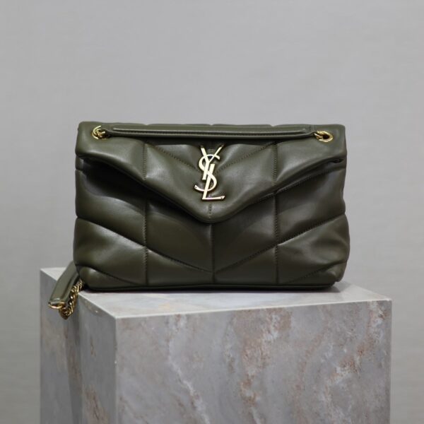 YSL 25S LOULOU PUFFER MM 29 IN DARK OLIVE CALFSKIN GOLD HARDWRE