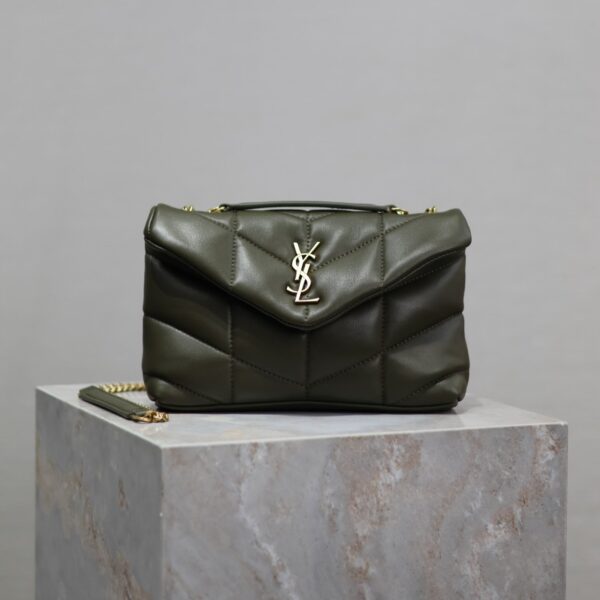 YSL 25S LOULOU PUFFER MINI 23 IN DARK OLIVE CALFSKIN GOLD HARDWRE