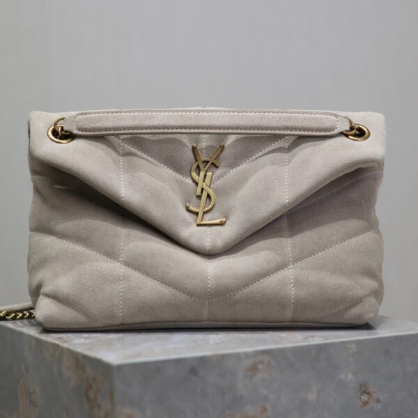 YSL 25S LOULOU PUFFER MM 29 IN SMOKEY TAUPE SUEDE GOLD HARDWRE