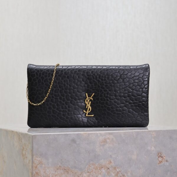 CALYPSO POUCH 24 IN BLACK ELEPHANT TEXTURED LAMBSKIN GOLD LOGO