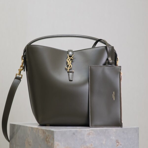 YSL 25S LE 5 A 7 BUCKET 26 IN DARK OLIVE CALFSKIN GOLD HARDWRE