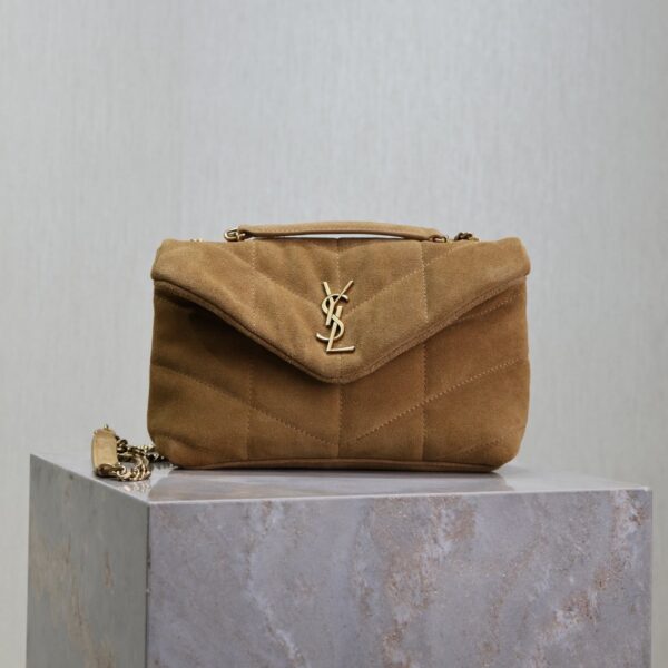YSL 25S LOULOU PUFFER MINI 23 IN TAN BROWN SUEDE GOLD HARDWRE