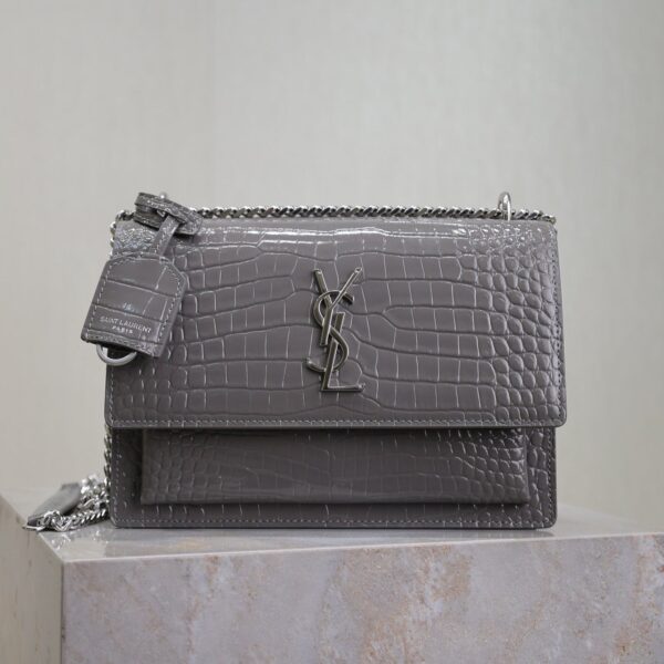 YSL 25S SUNSET MEDIUM 22 IN DARK GRAY CROCODILE-EMBOSSED SHINY CALFSKIN SILVER HARDWRE