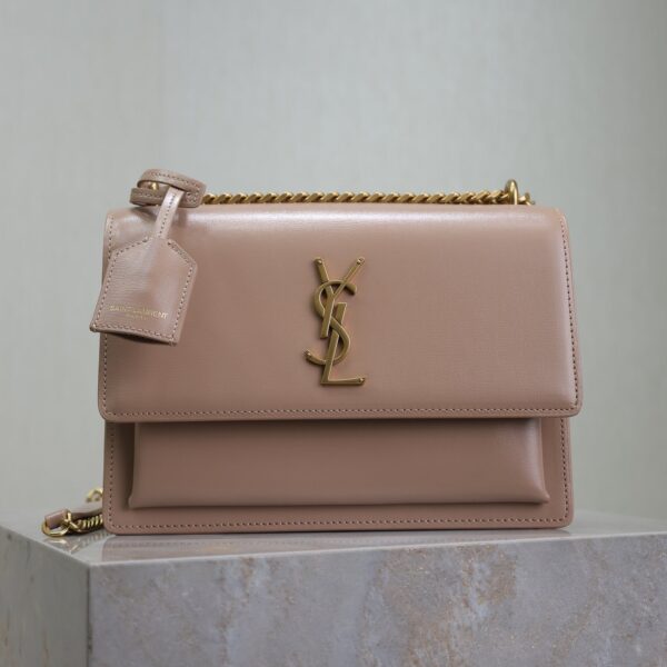 YSL 25S SUNSET BAG 22 IN WARM TAUPE PINK CALFSKIN GOLD HARDWRE