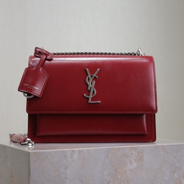 YSL 25S SUNSET BAG 22 IN CRIMSON RED CALFSKIN SILVER HARDWRE