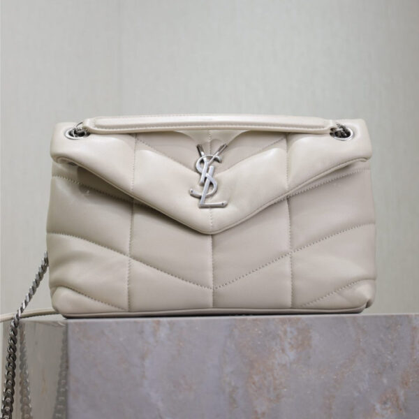 YSL 25S LOULOU PUFFER MM 29 IN SMOKEY TAUPE CALFSKIN SILVER HARDWRE
